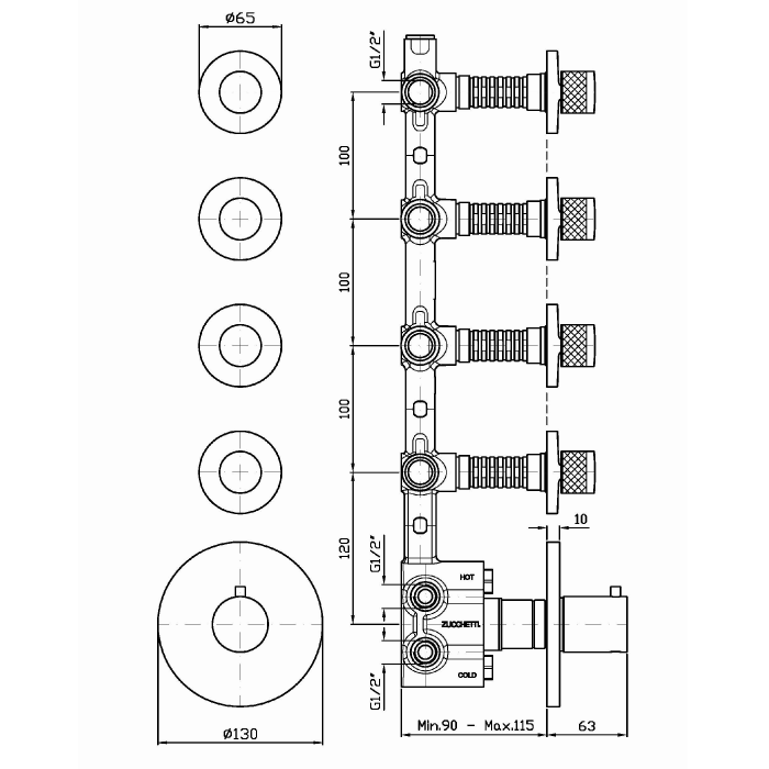 Zucchetti термостатический смеситель, для скрытого монтажа 1/2, 4 ручки, isystick, хром арт. zd1662 r97823