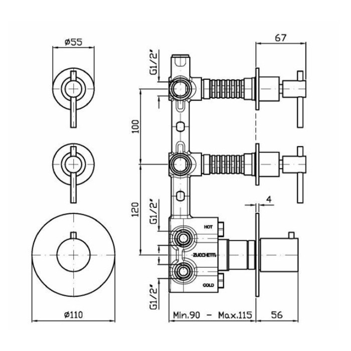 Zucchetti смеситель для душа, встраиваемый, термостатический, с переключателем на 2 потока, ручка: рычаг, helm, нержавеющая сталь арт. zhl660.x