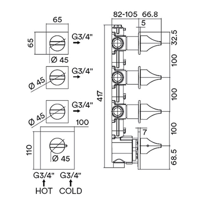 Bossini наружная часть термостата high flow для ванны с отдельными панелями, apice, хром арт. z035205.030