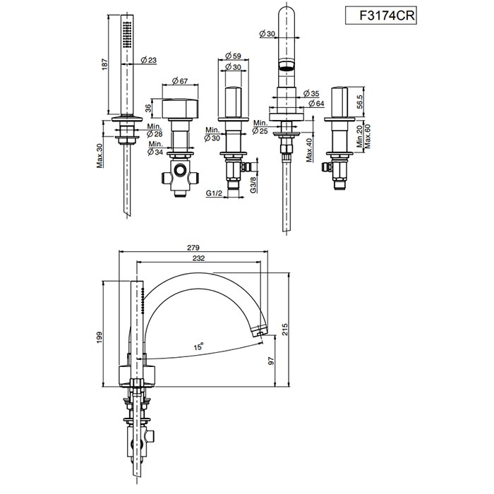 Fima Carlo Frattini смеситель на борт ванны двойной, с изливом, с душевым комплектом, so, хром арт. f3174cr s4cr s2cr