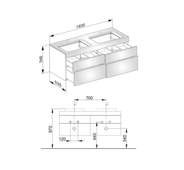 Keuco тумба подвесная под две раковины с отверстием под смесители, с четырьмя выдвижными ящиками, edition 400, белый арт. 31575 380100