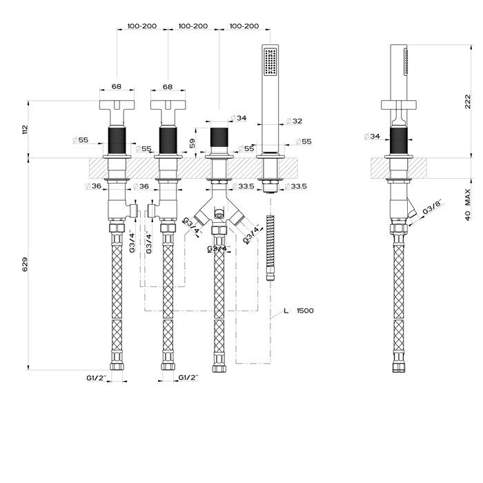 Gessi Смеситель для ванны на 4 отверстия для наполнения через слив-перелив, переключатель, шланг 1,50 м, Inciso, 58143#299 цвет: black xl
