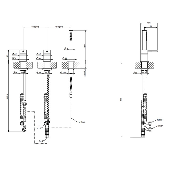 Gessi Смеситель для ванны на 3 отв., с душевой лейкой, 316, 54043#707 цвет: brushed black metal pvd