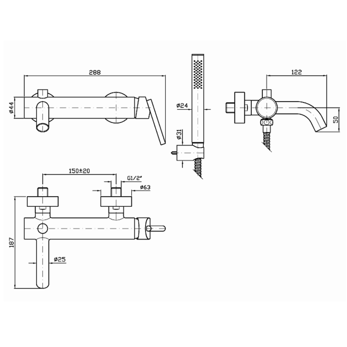 Zucchetti смеситель для ванны, настенный, с ручным душем, closer, черный матовый арт. zcl139.n6