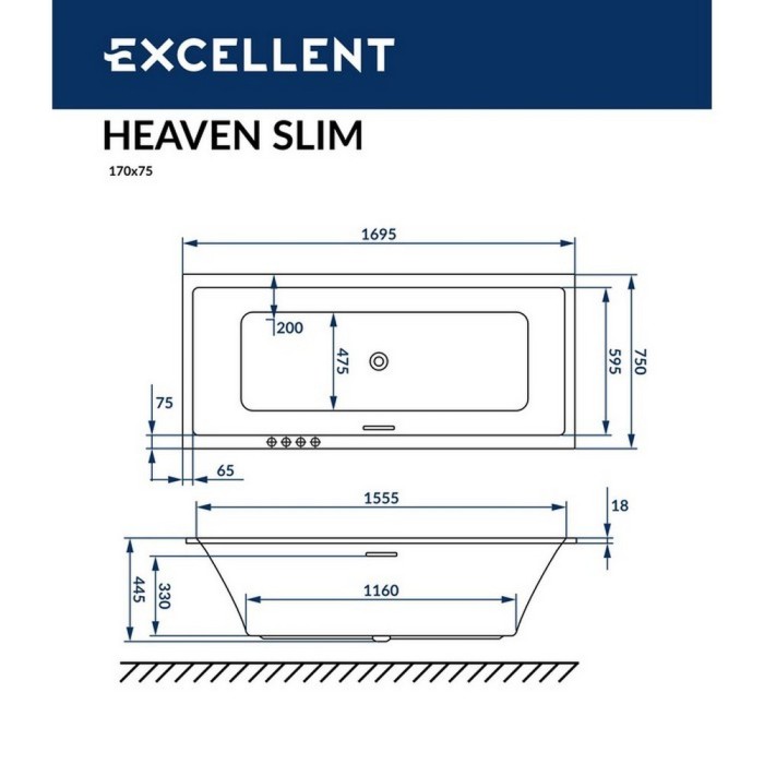 Ванна slim 170x75 soft, Excellent Heaven, золото арт. WAEX.HEV17S.SOFT.GL