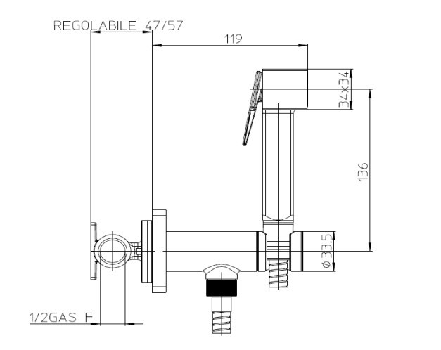 Bossini комплект гигиенический с прогрессивным смесителем brass с лейкой и шлангом, cube brass, черный арт. e38001b.083
