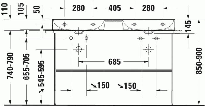 Duravit раковина подвесная двойная с одним отверстием под смеситель, без перелива, durasquare, 2353120041 цвет: белый
