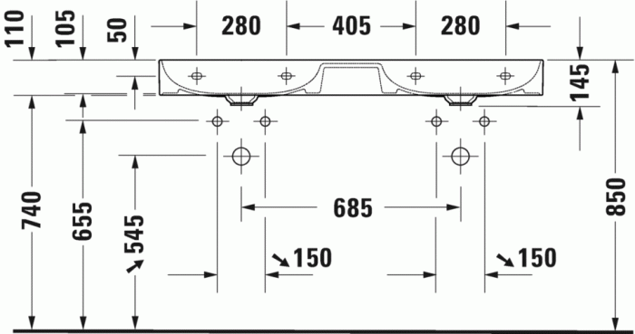 Duravit раковина подвесная двойная с одним отверстием под смеситель, без перелива, durasquare, 2353120041 цвет: белый