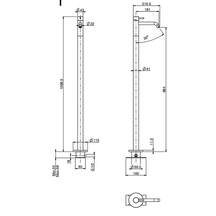 Fima Carlo Frattini смеситель для раковины напольного монтажа, в комплекте с внутренней частью, spillo steel, сталь арт. f3071/pinox
