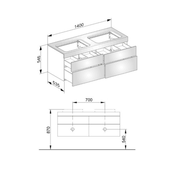 Keuco тумба подвесная под две раковины без отверстий под смесители, с четырьмя выдвижными фронтами, edition 400, белый арт. 31575 380000