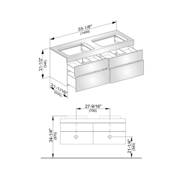 Keuco тумба подвесная под две раковины без отверстий под смесители, с четырьмя выдвижными фронтами, edition 400, белый арт. 31575 380000