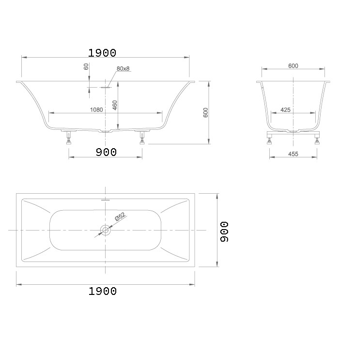 Knief ванна 190x90x60cм., встраиваемая, с щелевым сливом переливом click-clack, с комплектом ножек, Shape, 0600-777-01 цвет: белый