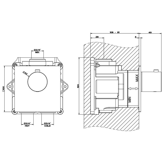 Gessi Встраиваемый термостатический смеситель на 1 источник, резьба 3/4", 316, 54554#707 цвет: brushed black metal pvd