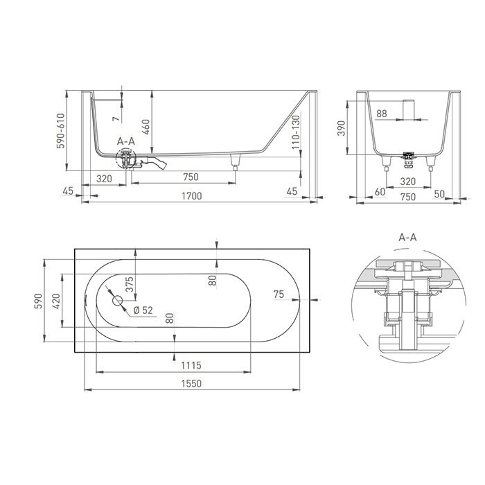 Salini ванна встраиваемая 170x75, ornella, 102411mrh цвет: матовый белый