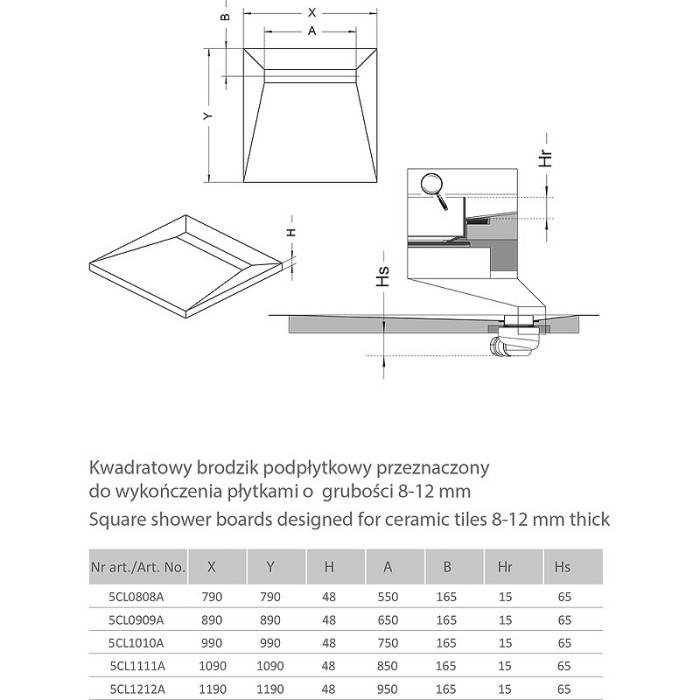 Radaway душевая плита 89x89 с решеткой под плитку basic, RadаDrain - 5CL0909A/5R065B