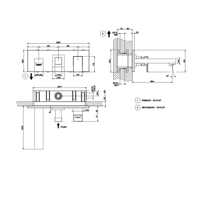 Gessi Смеситель для раковины, встраиваемый, однорычажный, с изливом и переключателем PUSH, Rettangolo, 44906#299 цвет: black xl