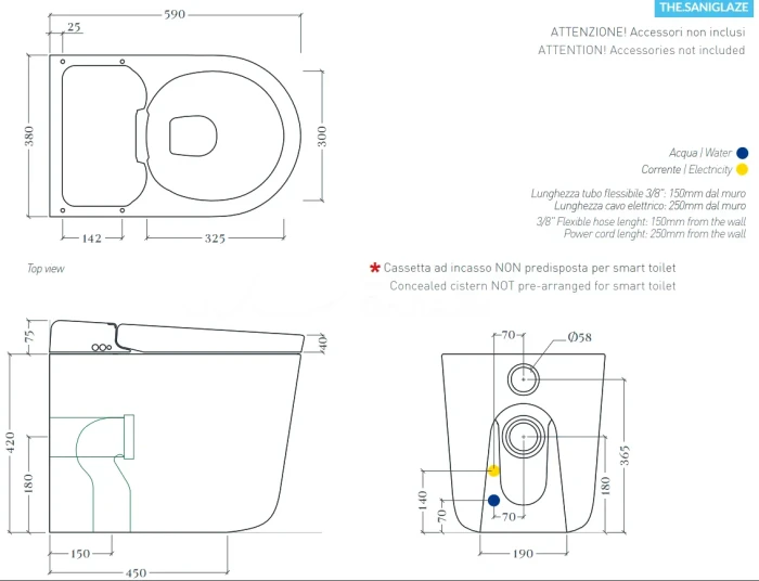 Унитаз напольный 38х59 см с крышкой-биде и дистанционным пультом управления в комплекте, белый/покрытие Saniglaze, Art Ceram Hype арт. KHYV002 01 00