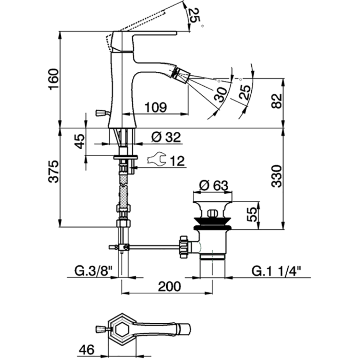 Cisal смеситель однорычажный для биде на 1 отверстие с донным клапаном ch0005547c cherie, цвет: золото