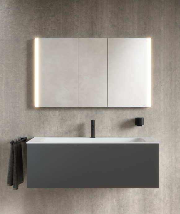 Keuco шкаф с подсветкой и подогревом для встраиваемого монтажа 115 мм х 1200 мм х 710 мм, с 3 поворотными дверцами, somaris, белый матовый арт. 14514 513101