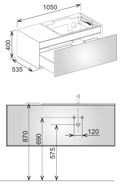 Keuco тумба под умывальник, 1050х400х535 мм отверстие справа 1 ящик фасад и, edition lignatur, арт. 33341 800211