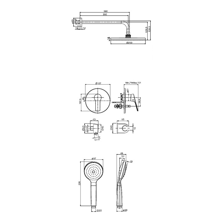 Fima Carlo Frattini душевой комплект с верх душем d250мм, наст держ 350мм wellness, хром арт. f3789cr