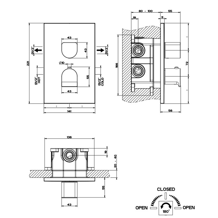 Gessi Встраиваемый смеситель для душа, термостатический, на 2 источника, Rilievo, 59134#031 цвет: хром