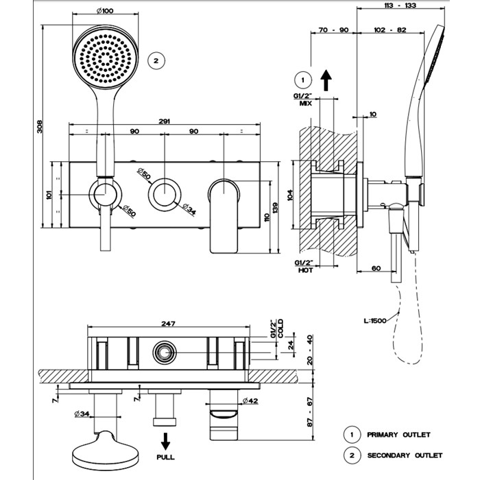 Gessi Встраиваемый смеситель для ванны на 2 источника, с душевой лейкой и переключателем, Rilievo, 59141#031 цвет: хром
