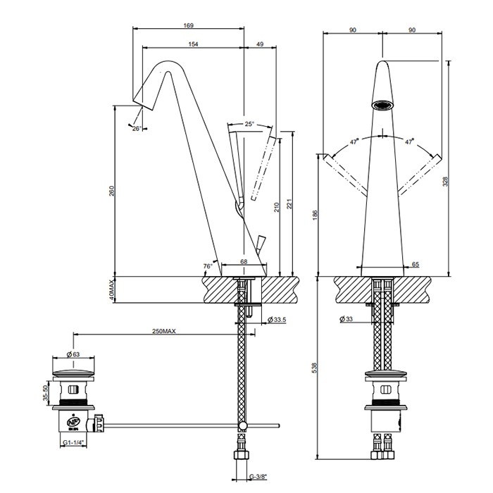 Gessi Смеситель для раковины высокий с донным клапаном на 1 1/4”, соединительные шланги на 3/8, Cono, 45004#031 цвет: хром