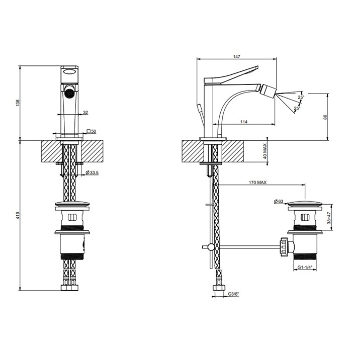 Gessi Смеситель для биде на 1 отв., с донным клапаном излив 114мм, Rilievo, 59007#087 цвет: gold brushed ccp