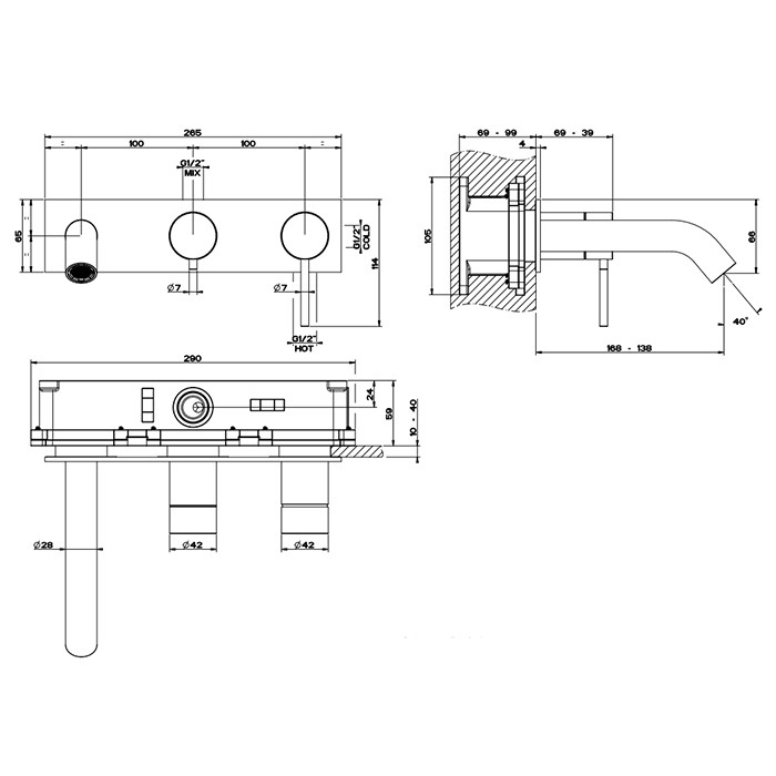 Gessi Встраиваемый смеситель на 2 источника, с изливом 168-138мм и переключателем, 316, 54136#707 цвет: brushed black metal pvd