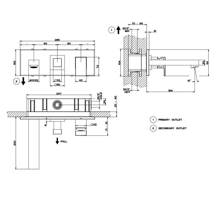 Gessi Смеситель для раковины, встраиваемый, однорычажный, с изливом и переключателем PULL, Rettangolo, 44907#299 цвет: black xl