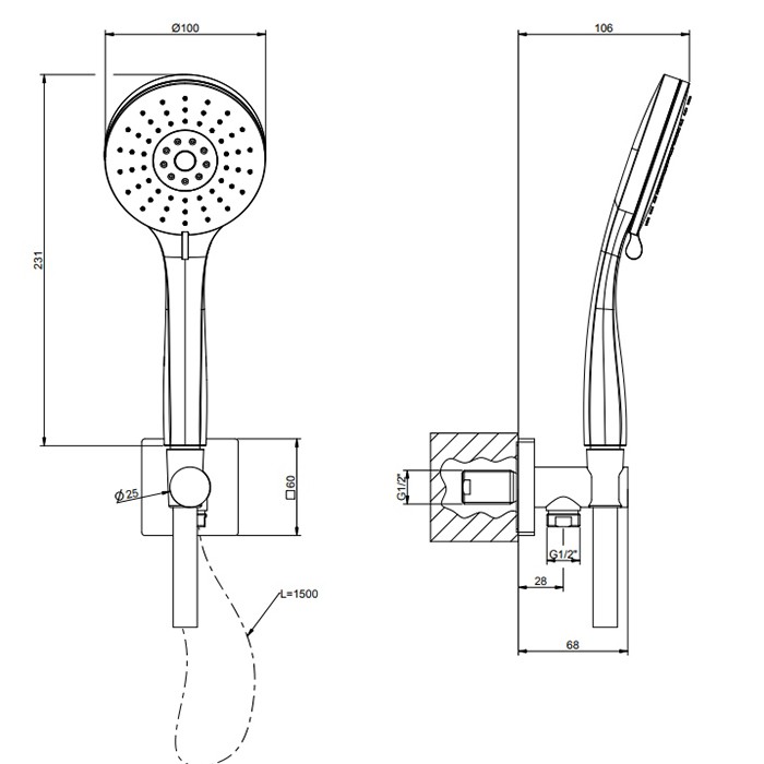 Gessi Душевой гарнитур, вывод воды, держатель, шланг 1,5м и Ручной душ, с 3 режимами струи с защитой от изв. налёта, Emporio shower, 47326#031 цвет: хром