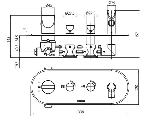 Bossini наружная часть термостатического смесителя для душа на 2 потребителя, с ручным душем-палочкой, вентилями и шлангом, apice, никель арт. z00523.094