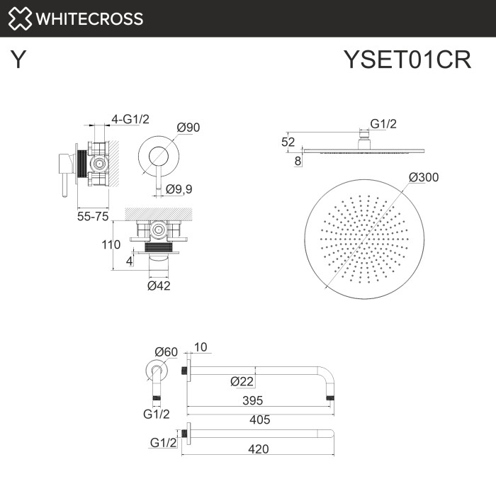 Душевая система скрытого монтажа, Whitecross Y chrome, хром арт. YSET01CR