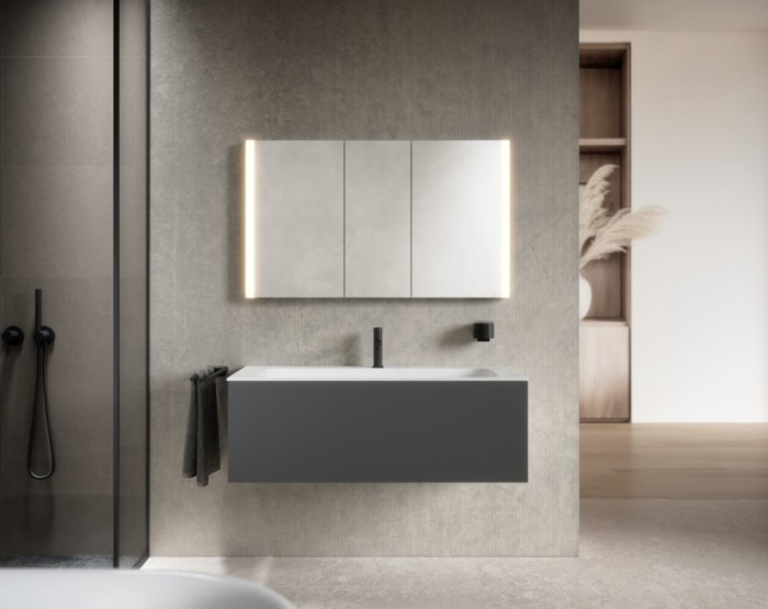 Keuco шкаф с подсветкой и подогревом для встраиваемого монтажа 115 мм х 1200 мм х 710 мм, с 3 поворотными дверцами, somaris, зеркальный арт. 14514 003101