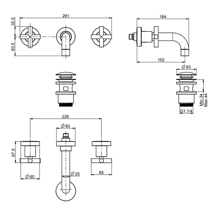 Fima Carlo Frattini смеситель для раковины настенный, на 3 отв., излив 200 мм., донный клапан click-clack, maxima, черный арт. f5321l/5ns f2230