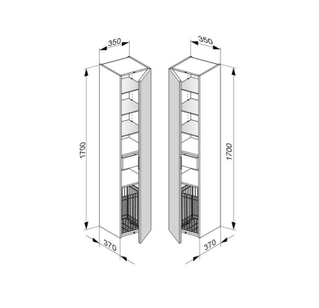 Keuco шкаф - пенал высокий подвесной петли справа, 3 стеклянные полки, с корзиной для белья, edition 11, белый арт. 31331 300002