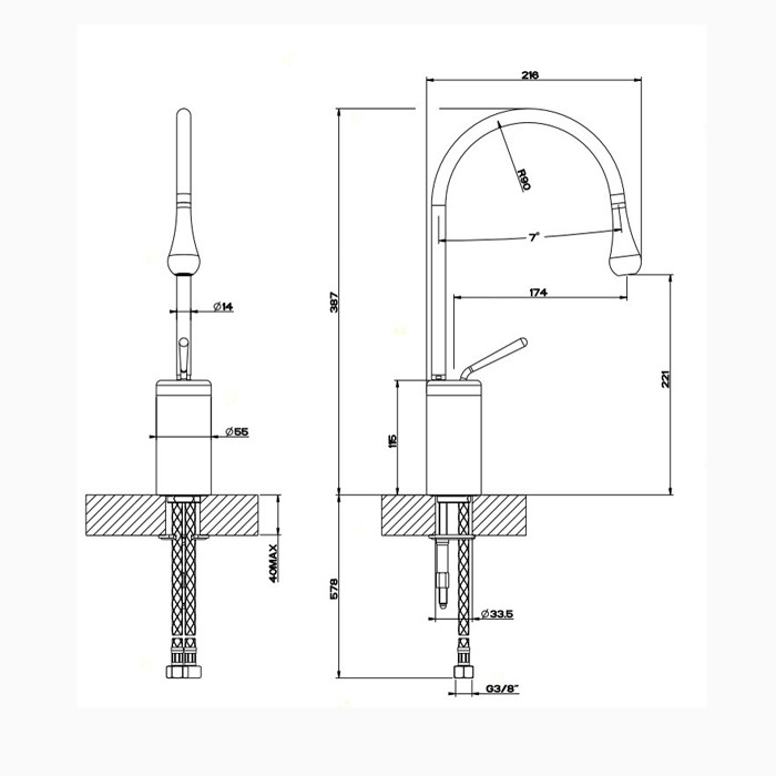 Gessi Смеситель для раковины на 1 отверстие, высокий, излив 174мм R=90, Goccia, 33604#031 цвет: хром