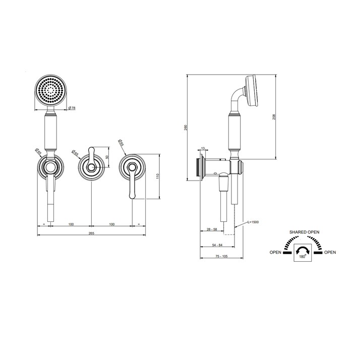 Gessi Смеситель встраиваемый, однорычажный, с переключателем на 2 положения, с ручным душем и шлангом 1500 мм., внешняя часть, Venti20, 65036#031 цвет: хром