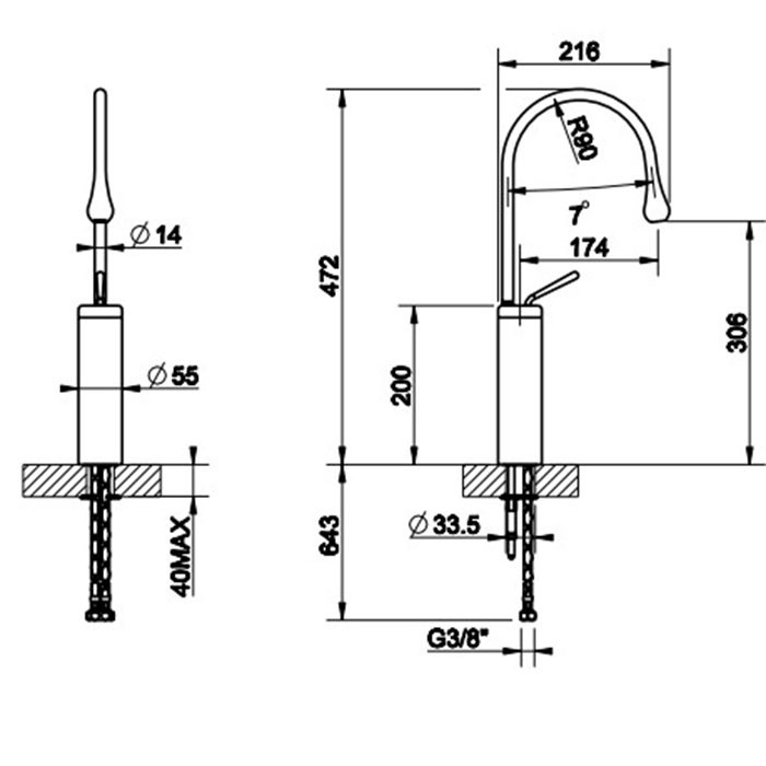 Gessi Смеситель для раковины на 1 отверстие, высокий, излив 174мм R=90, с фиксированным носиком, Goccia, 33809#299 цвет: черный
