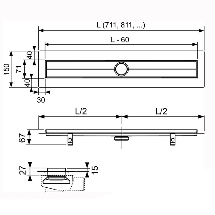 TECE комплект для установки душевого трапа 800 мм из нержавеющей стали, drainline - 600800 660005 650000 660016 660003 600870