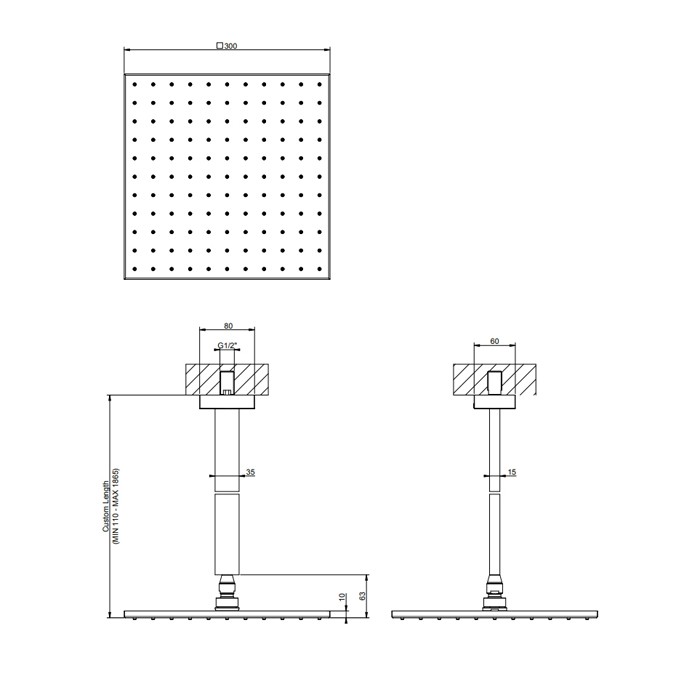 Gessi Верхний душ для потолочного крепления 300x300мм, высота от 115 до 1865мм, Rettangolo, 15199#299 цвет: black xl