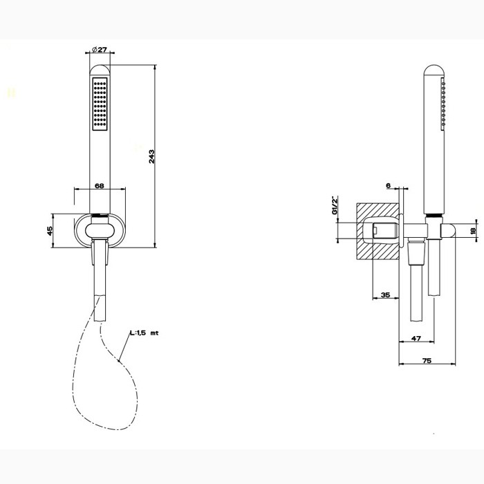 Gessi Душевой комплект: вывод воды на 1/2”, держатель и ручной душ, Goccia, 33773#031 цвет: хром