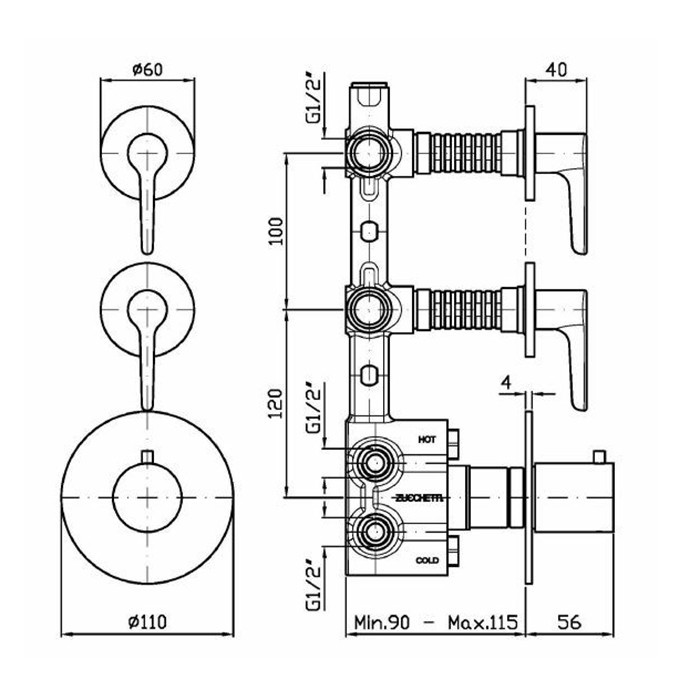 Zucchetti смеситель для душа, термостатический, встраиваемый, с переключателем на 2 потока, medameda, хром арт. zmm660