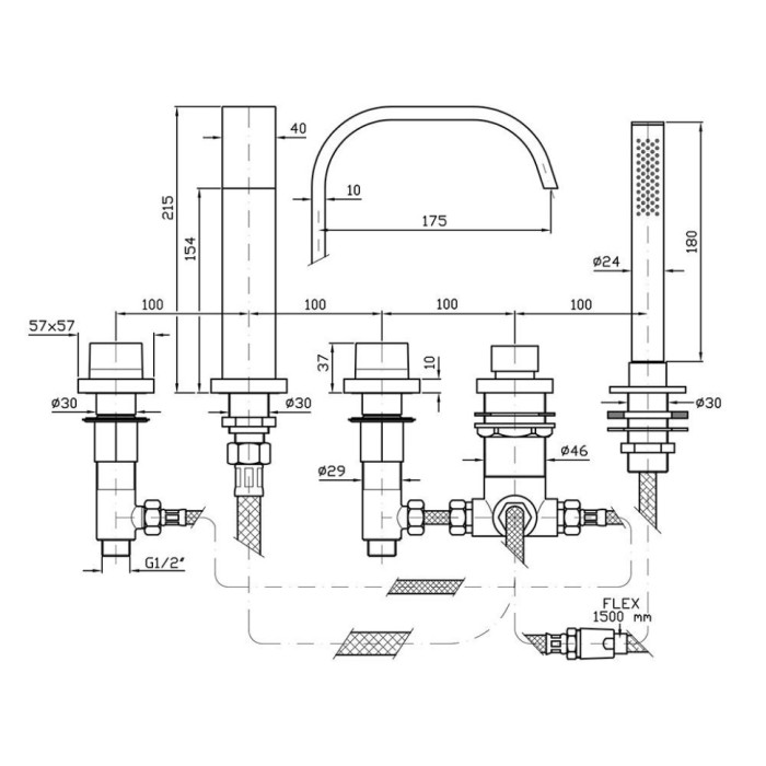 Zucchetti смеситель на борт ванны на 5 отверстий, aguablu, хром арт. za5470