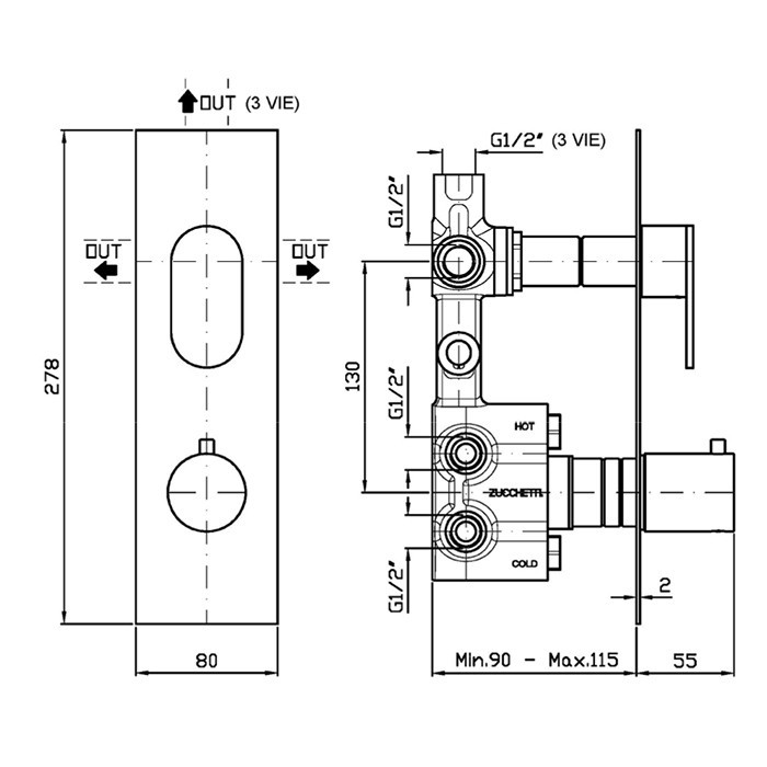 Zucchetti смеситель для душа, термостатический, встраиваемый, на 2 выхода, внешняя часть, octo, brushed metal black арт. zoc646.c51