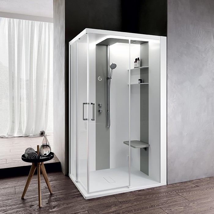 Novellini душевая кабина 120х100х217.5cмм, dx, essential, поддон 12.5см, с термостатическим смесителем, стекло, skill, skia219dt1f-1an1 цвет: белый глянцевый/light grey