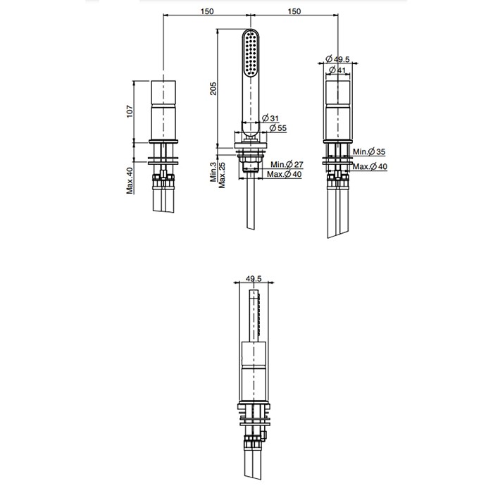 Fima Carlo Frattini смеситель на борт ванны, на 3 отв., с ручным душем, nomos go, хром арт. f4174/1ncr
