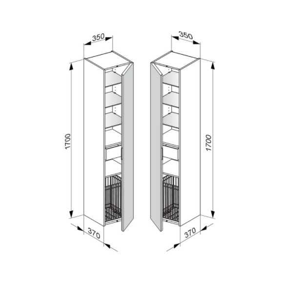 Keuco шкаф - пенал высокий подвесной петли слева, 3 стеклянные полки, с корзиной для белья, edition 11, белый арт. 31331 300001
