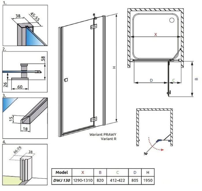 Radaway душевая дверь dwj 130 r профиль хром стекло прозрачное, Almatea - 31503-01-01N